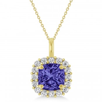 Cushion Cut Tanzanite & Diamond Halo Pendant 14k Yellow Gold (0.92ct)