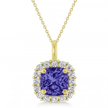 Cushion Cut Tanzanite & Diamond Halo Pendant 14k Yellow Gold (0.92ct)