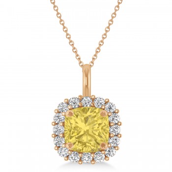 Cushion Cut Yellow & White Diamond Halo Pendant 14k Rose Gold (0.78ct)