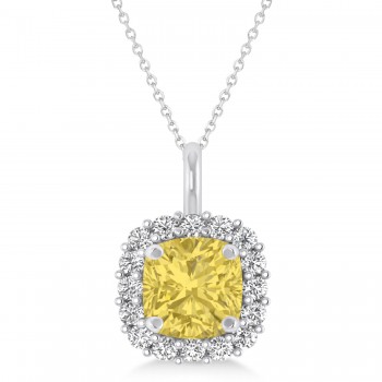 Cushion Cut Yellow & White Diamond Halo Pendant 14k White Gold (0.78ct)