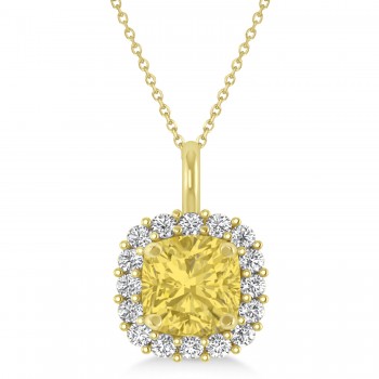 Cushion Cut Yellow & White Diamond Halo Pendant 14k Yellow Gold (0.78ct)