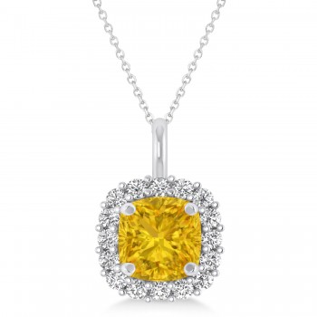 Cushion Cut Yellow Sapphire & Diamond Halo Pendant 14k White Gold (0.92ct)