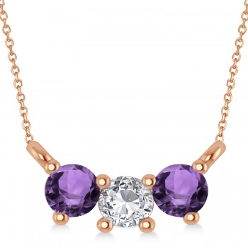 Three Stone Diamond & Amethyst Pendant Necklace 14k Rose Gold (0.45ct)