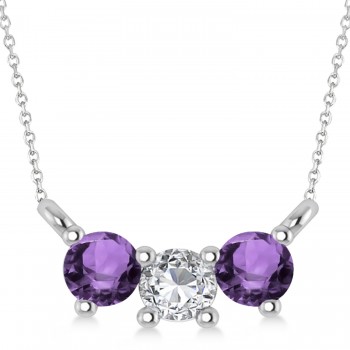 Three Stone Diamond & Amethyst Pendant Necklace 14k White Gold (0.45ct)