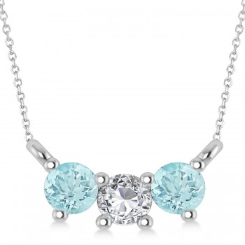 Three Stone Diamond & Aquamarine Pendant Necklace 14k White Gold (0.45ct)