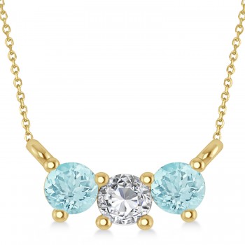 Three Stone Diamond & Aquamarine Pendant Necklace 14k Yellow Gold (0.45ct)