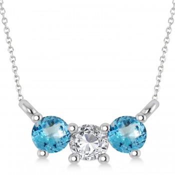 Three Stone Diamond & Blue Topaz Pendant Necklace 14k White Gold (0.45ct)