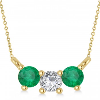 Three Stone Diamond & Emerald Pendant Necklace 14k Yellow Gold (0.45ct)