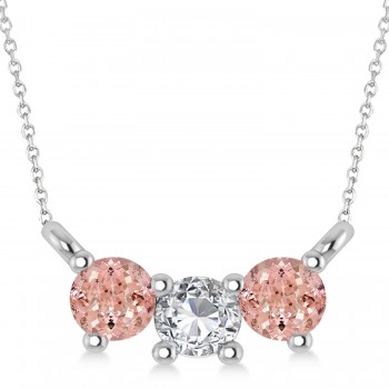 Three Stone Diamond & Morganite Pendant Necklace 14k White Gold (0.45ct)