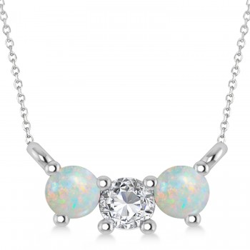 Three Stone Diamond & Opal Pendant Necklace 14k White Gold (0.45ct)