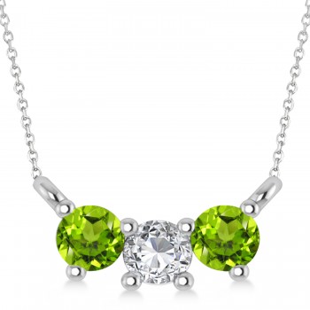 Three Stone Diamond & Peridot Pendant Necklace 14k White Gold (0.45ct)