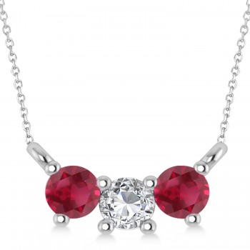 Three Stone Diamond & Ruby Pendant Necklace 14k White Gold (0.45ct)