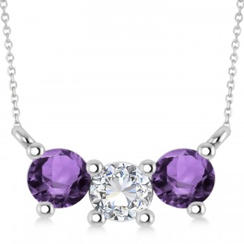 Three Stone Diamond & Amethyst Pendant Necklace 14k White Gold (1.00ct)