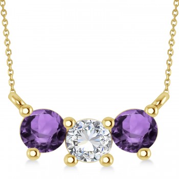 Three Stone Diamond & Amethyst Pendant Necklace 14k Yellow Gold (1.00ct)