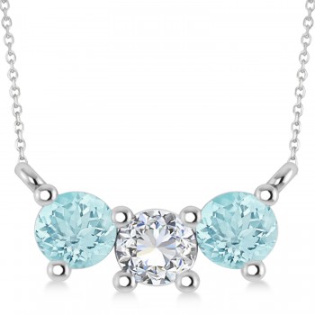 Three Stone Diamond & Aquamarine Pendant Necklace 14k White Gold (1.00ct)