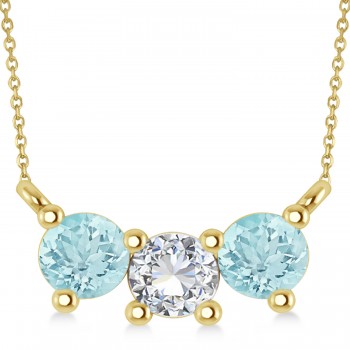 Three Stone Diamond & Aquamarine Pendant Necklace 14k Yellow Gold (1.00ct)