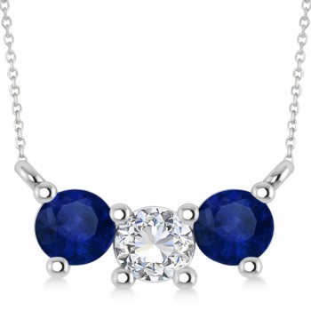 Three Stone Diamond & Blue Sapphire Pendant Necklace 14k White Gold (1.00ct)