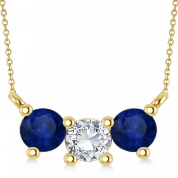 Three Stone Diamond & Blue Sapphire Pendant Necklace 14k Yellow Gold (1.00ct)