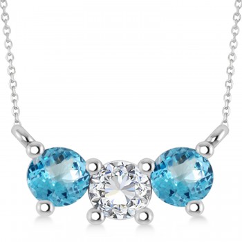 Three Stone Diamond & Blue Topaz Pendant Necklace 14k White Gold (1.00ct)