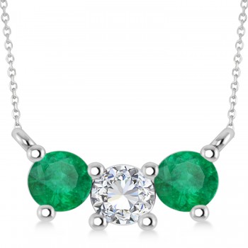 Three Stone Diamond & Emerald Pendant Necklace 14k White Gold (1.00ct)