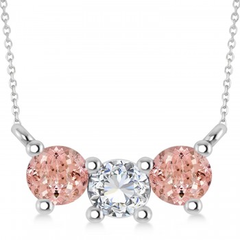 Three Stone Diamond & Morganite Pendant Necklace 14k White Gold (1.00ct)