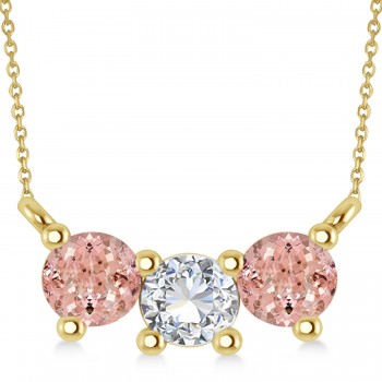 Three Stone Diamond & Morganite Pendant Necklace 14k Yellow Gold (1.00ct)