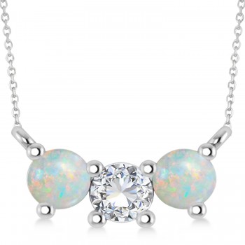 Three Stone Diamond & Opal Pendant Necklace 14k White Gold (1.00ct)