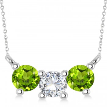 Three Stone Diamond & Peridot Pendant Necklace 14k White Gold (1.00ct)