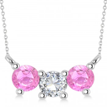 Three Stone Diamond & Pink Sapphire Pendant Necklace 14k White Gold (1.00ct)