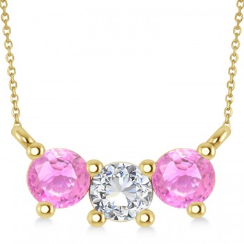Three Stone Diamond & Pink Sapphire Pendant Necklace 14k Yellow Gold (1.00ct)