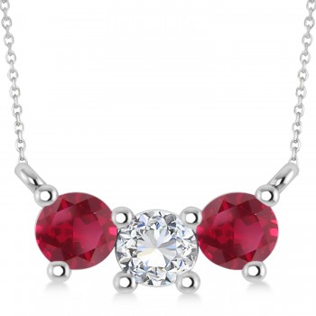 Three Stone Diamond & Ruby Pendant Necklace 14k White Gold (1.00ct)