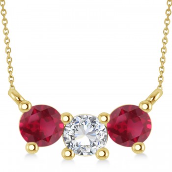 Three Stone Diamond & Ruby Pendant Necklace 14k Yellow Gold (1.00ct)