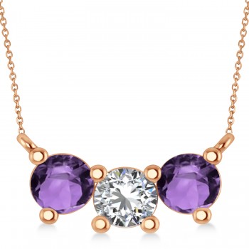 Three Stone Diamond & Amethyst Pendant Necklace 14k Rose Gold (1.50ct)