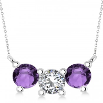 Three Stone Diamond & Amethyst Pendant Necklace 14k White Gold (1.50ct)