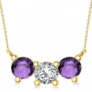 Three Stone Diamond & Amethyst Pendant Necklace 14k Yellow Gold (1.50ct)