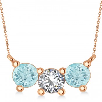 Three Stone Diamond & Aquamarine Pendant Necklace 14k Rose Gold (1.50ct)