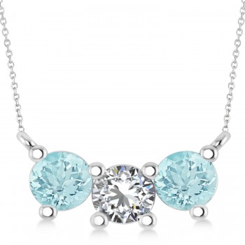 Three Stone Diamond & Aquamarine Pendant Necklace 14k White Gold (1.50ct)