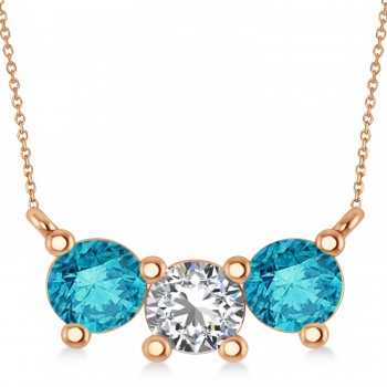 Three Stone Diamond & Blue Diamond Pendant Necklace 14k Rose Gold (1.50ct)