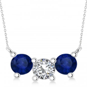 Three Stone Diamond & Blue Sapphire Pendant Necklace 14k White Gold (1.50ct)