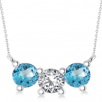 Three Stone Diamond & Blue Topaz Pendant Necklace 14k White Gold (1.50ct)