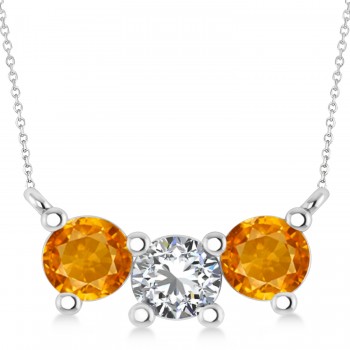 Three Stone Diamond & Citrine Pendant Necklace 14k White Gold (1.50ct)