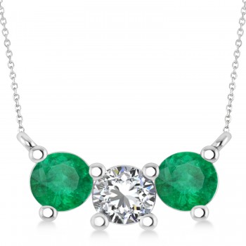 Three Stone Diamond & Emerald Pendant Necklace 14k White Gold (1.50ct)