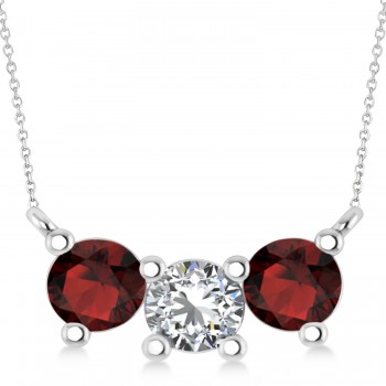 Three Stone Diamond & Garnet Pendant Necklace 14k White Gold (1.50ct)