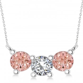 Three Stone Diamond & Morganite Pendant Necklace 14k White Gold (1.50ct)