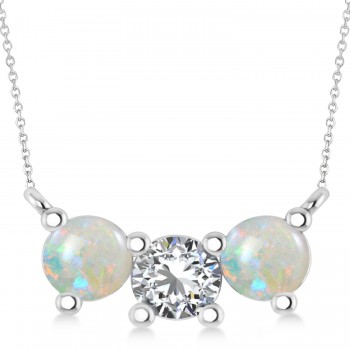 Three Stone Diamond & Opal Pendant Necklace 14k White Gold (1.50ct)