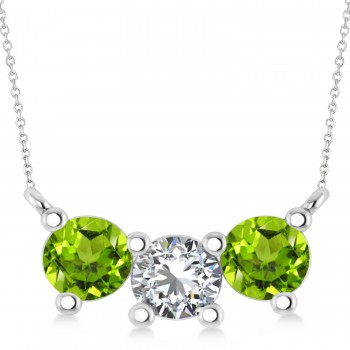 Three Stone Diamond & Peridot Pendant Necklace 14k White Gold (1.50ct)