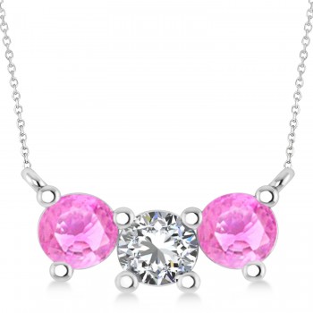 Three Stone Diamond & Pink Sapphire Pendant Necklace 14k White Gold (1.50ct)