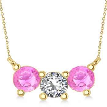 Three Stone Diamond & Pink Sapphire Pendant Necklace 14k Yellow Gold (1.50ct)