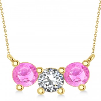 Three Stone Diamond & Pink Sapphire Pendant Necklace 14k Yellow Gold (1.50ct)