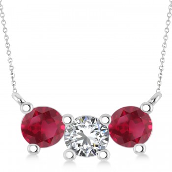 Three Stone Diamond & Ruby Pendant Necklace 14k White Gold (1.50ct)